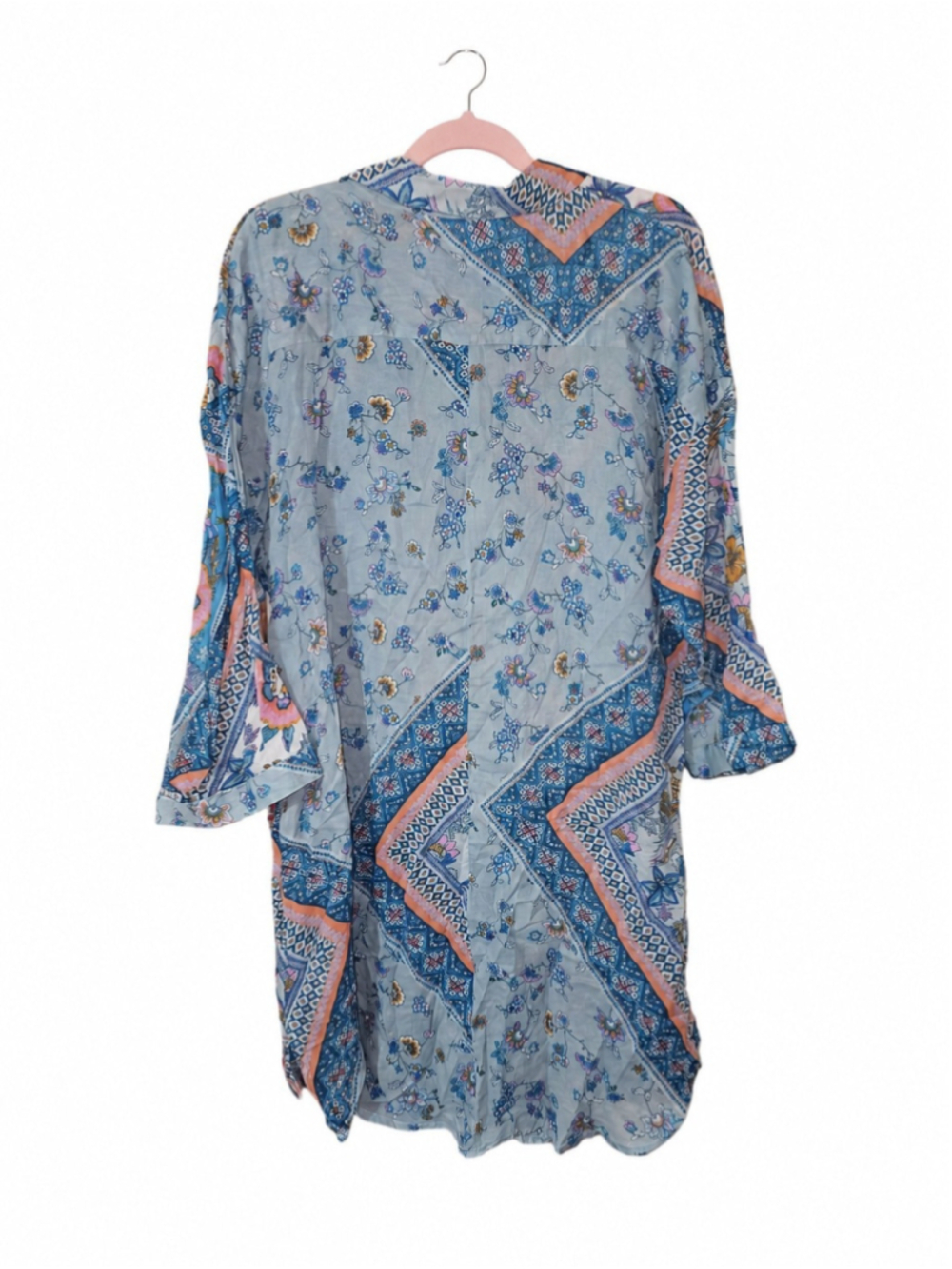 Monsoon Beach L Blue Floral Scarf Print Cotton Tunic Shirt Dress Boho - Picture 3 of 6